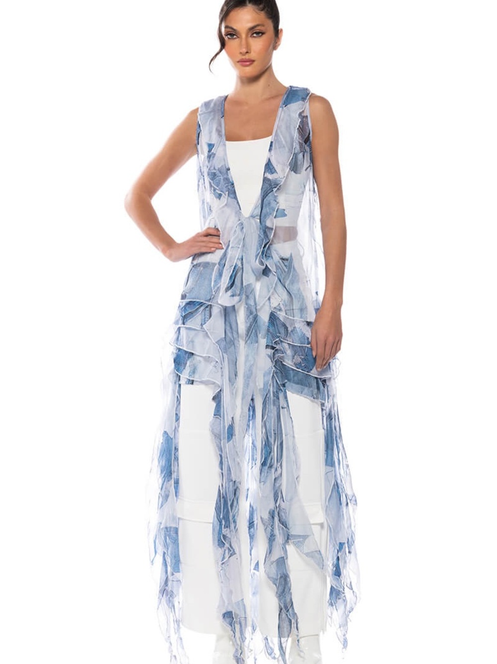 AKIRA Sheer Blue & White Ruffle Tie-Front Duster